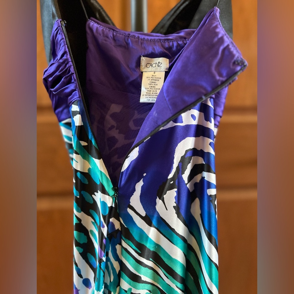 Cache Dress Maxi Satin Teal Abstract Print Purple Size 8 - Picture 3 of 16